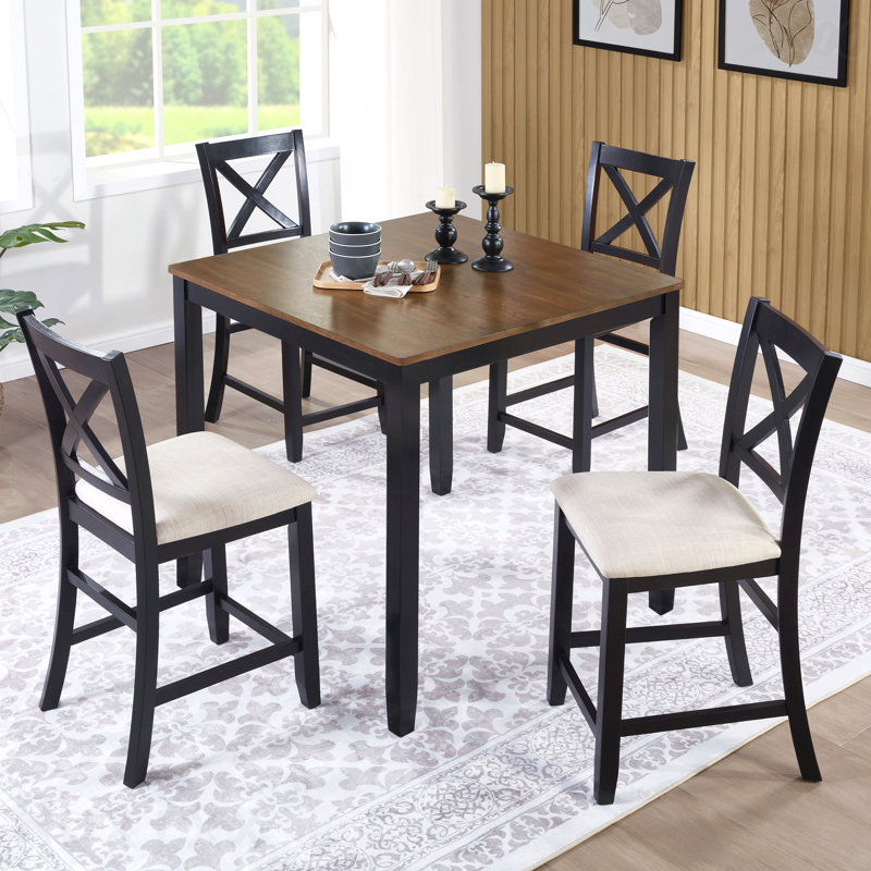 5-Piece Farmhouse Counter Height Dining Set with X-Back Chairs, Beige, Black