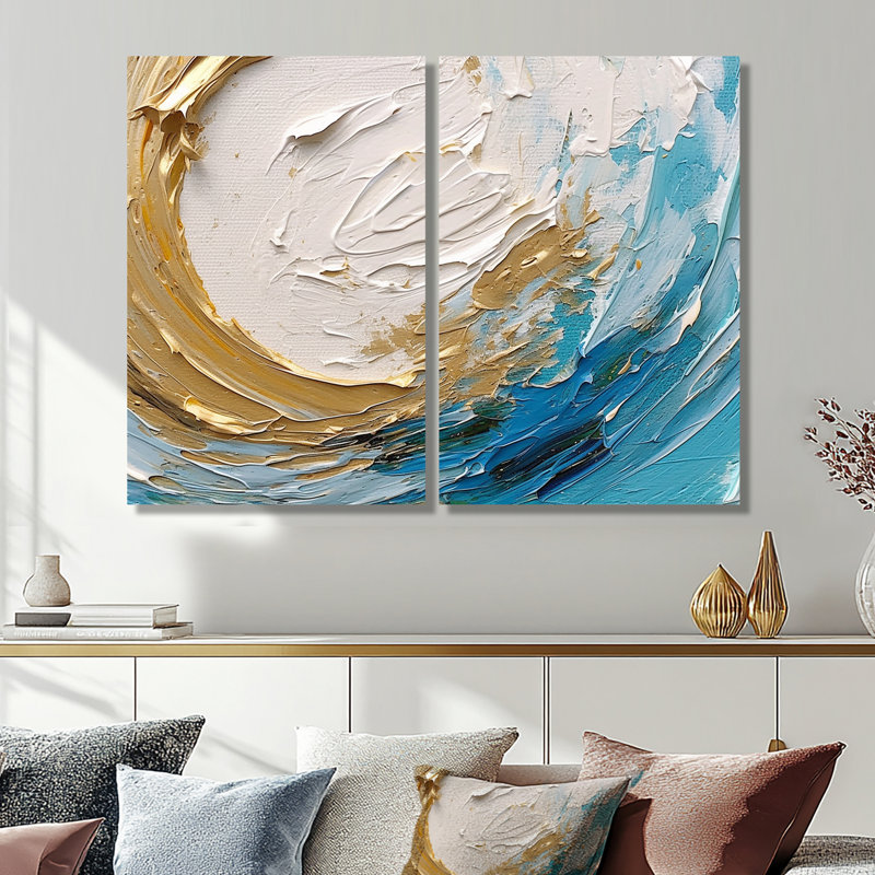 Nébuleuse spirale dorée et turquoise - Spirales abstraites sur toile, 2 panneaux, H 36 po x l 48 po, Toile tendue