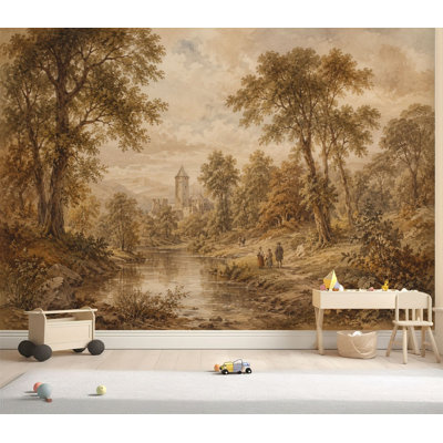 Papier peint adhésif peler et coller rétro sépia paysage forêt arbres rivière scène autocollant amovible papier contact mural pour le salon chambre à coucher H 69 po x l 96 po