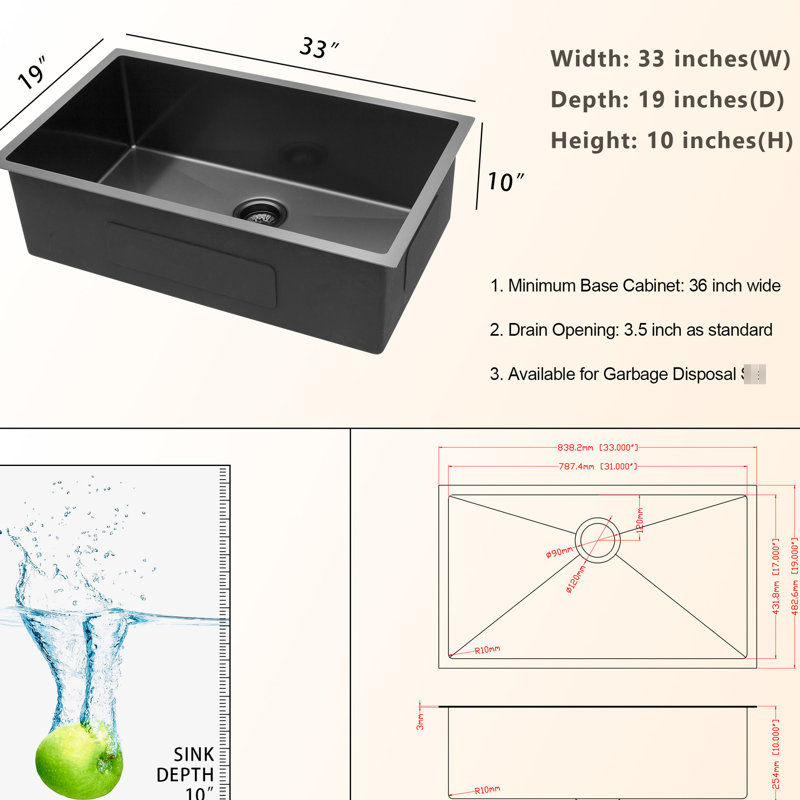 Évier de cuisine en acier inoxydable de calibre 16 noir de 33 po avec assemblage de bonde en acier noir 33 po x 19 po x 10 po facile à entretenir