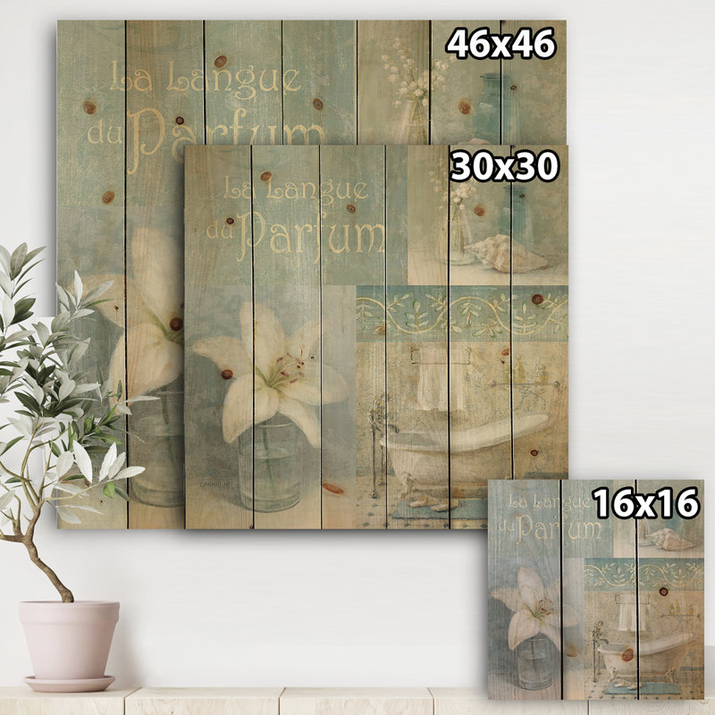 Reproduction d’art sur bois, "salle de bain lys parfum de bain", H 30 po x l 30 po x P 1 po