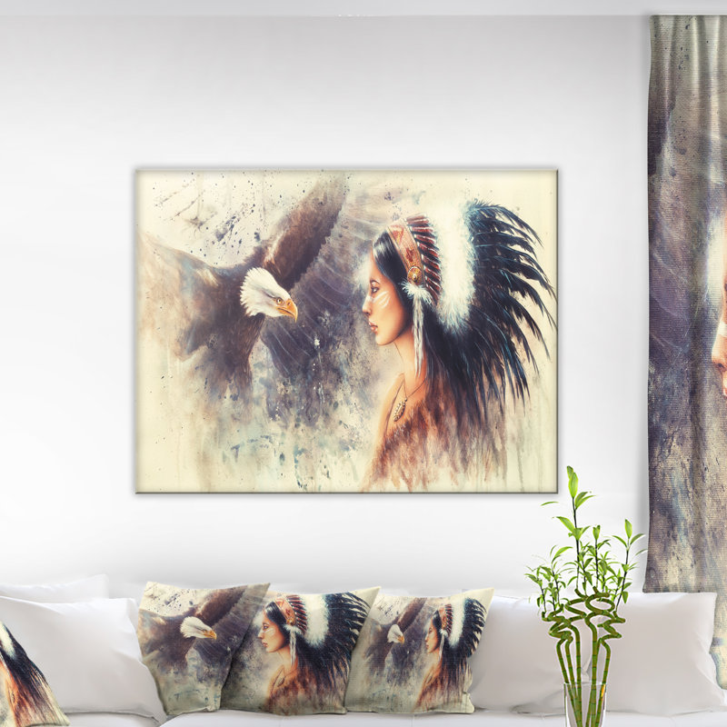 «Indian Woman and Eagle» par Designant, reproduction d'art graphique sur toile, H 8 po x l 12 po x P 1 po