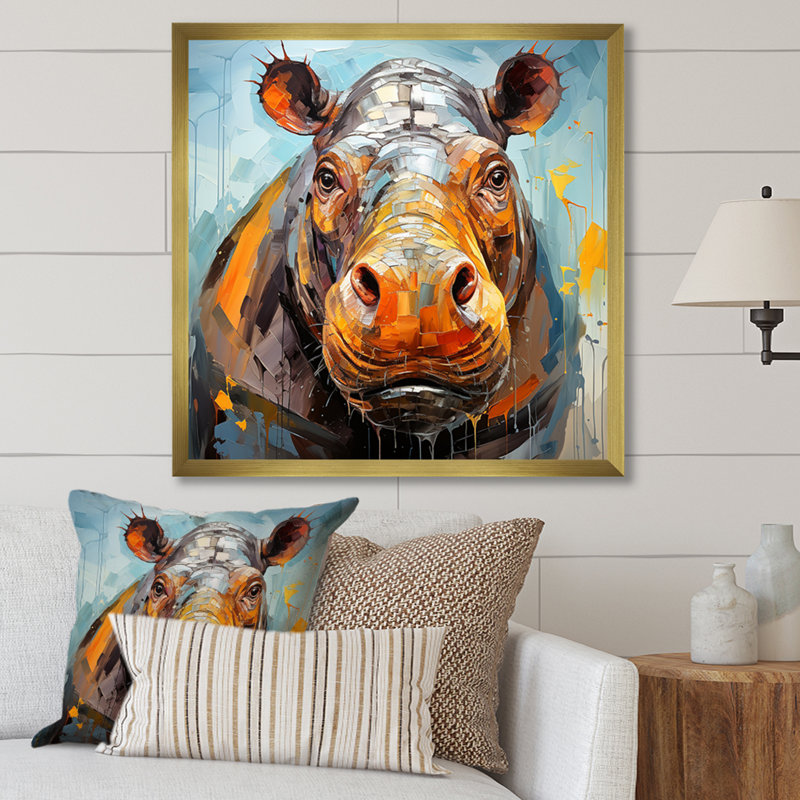 Hippopotame harmonie 1 - Hippopotame, Cadre doré simple, H 16 po x l 16 po x P 1 po