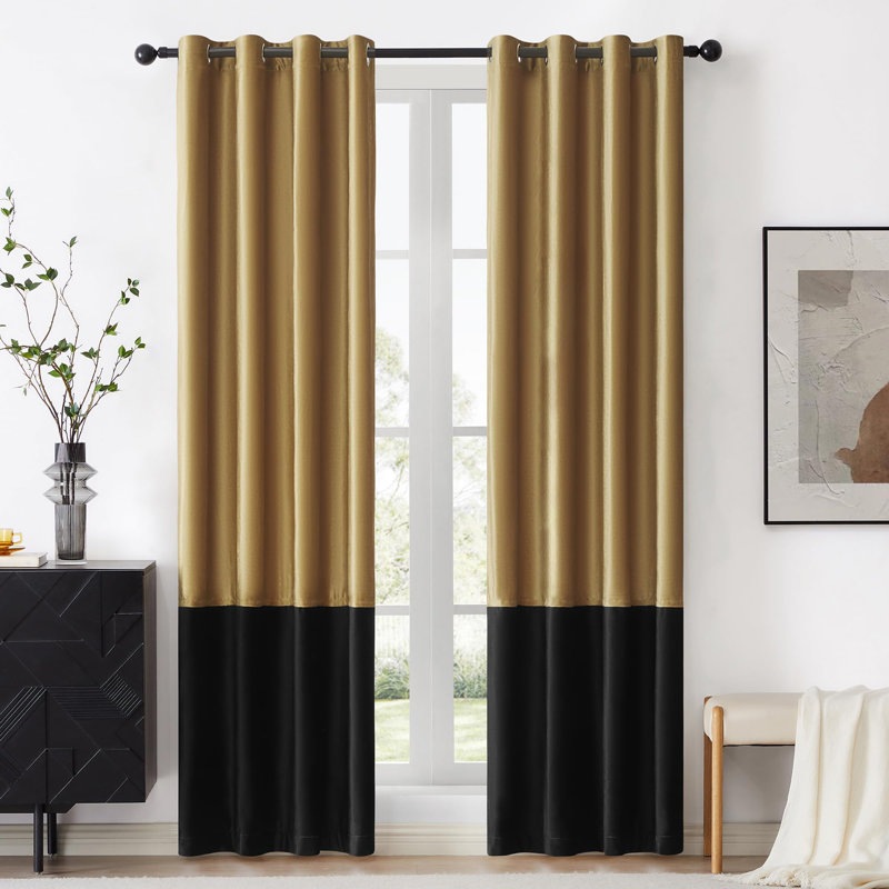 Panneaux de rideaux de fenêtre à blocs de couleur Rondon de 96 pouces de long en velours noir doré pour maison de campagne