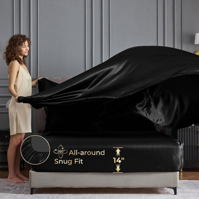 4 Piece Luxury  Silky Satin Sheet Set with Pillowcases, Smooth Silk-Like Satin Bed Sheets, Fitted Sheet with Reinforced 14 Inches Deep Pocket