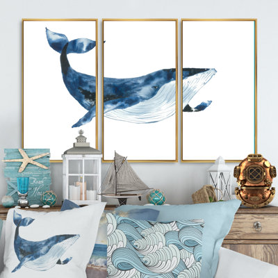 Bleu cachalot sur blanc VI - ensemble d'art mural encadré nautique et côtier sur 3