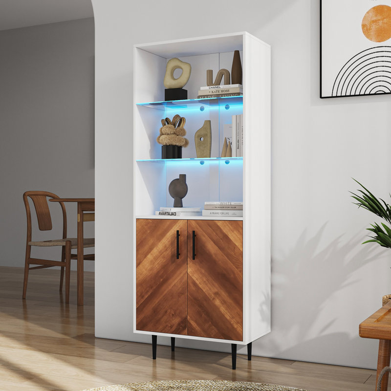 Bibliothèque à 5 niveaux, armoire de rangement de 67,7 po de hauteur avec 3 tablettes ouvertes et portes doubles