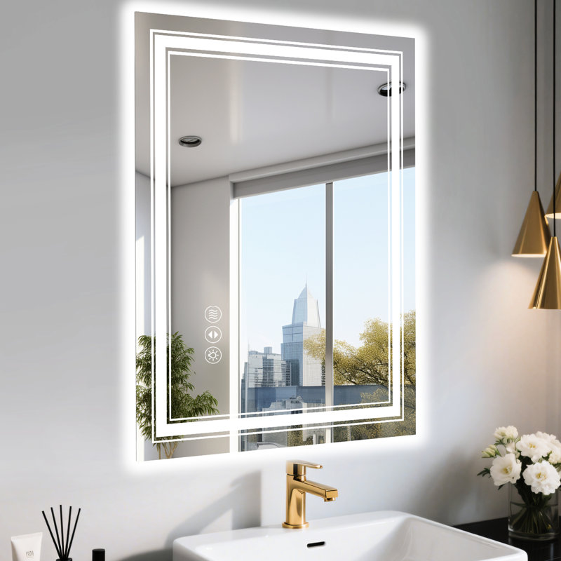Miroir de salle de bain à DEL intelligent 20 po x 28 po, luminosité à intensité variable de 10% à 100%, 3 réglages de température de couleur chaud, neutre, lumière du jour, fonction de brouillard, compatible avec interrupteur mural, Ul, 4 mm trempé à long terme