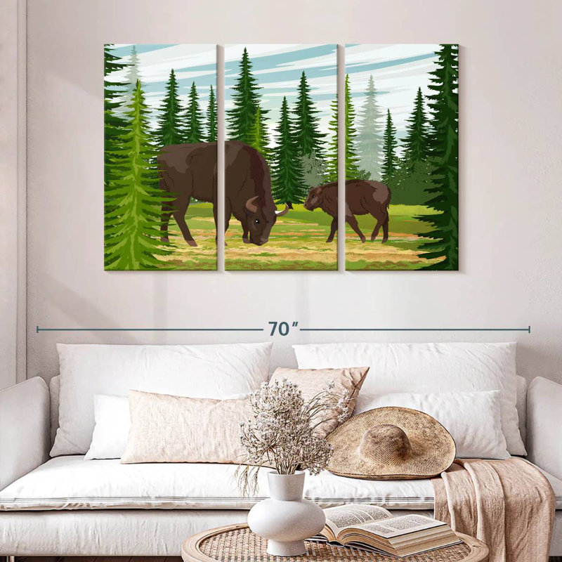 Brampt Grazing Bison And Calf, 32" H x 50" W