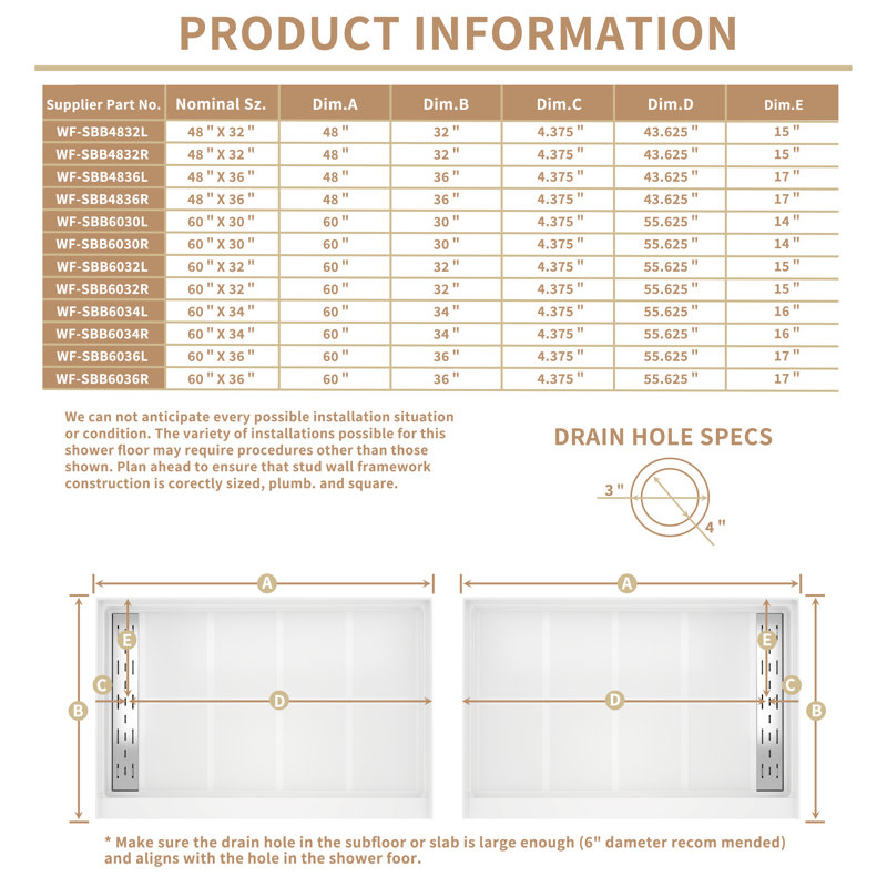48" W x 36" D Rectangular Shower Base with Drain Assembly & Drain Cover, Right