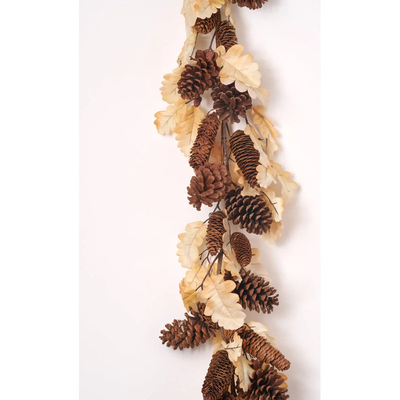 Guirlande de cheminée d'automne en feuilles de chêne beiges et pommes de pin, chemin de table pour l'Action de grâce - 1,80 m