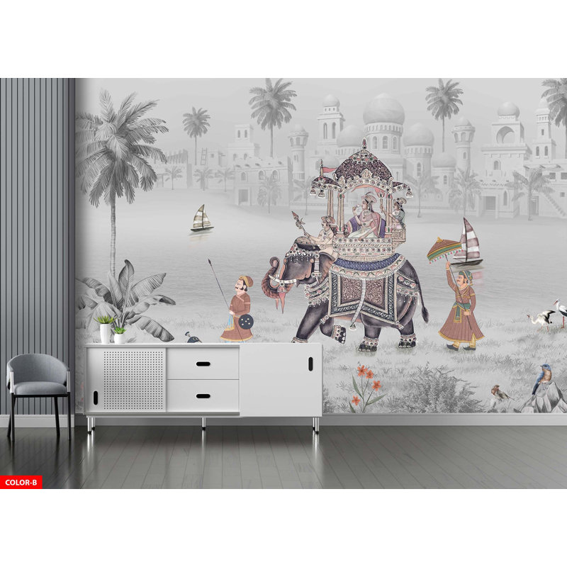 Papier peint Indian Palace Elephant Procession Mughal, L 100 po x L 96 po, Gris