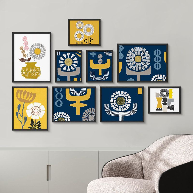 Colorful Geometric Floral with Vibrant Yellow and Blue Flower Patterns Modern Art Small Decor, Black