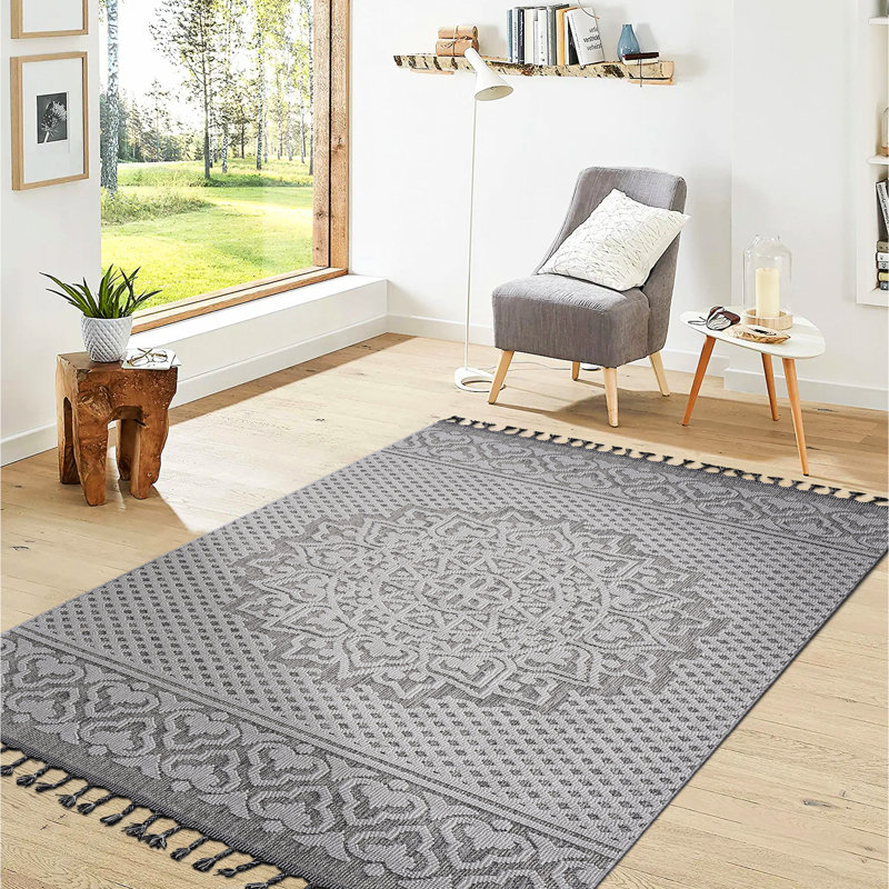 Tapis médaillon 5X7 gris et blanc - Tapis d'aspect moderne, Rectangle 5' x 7'