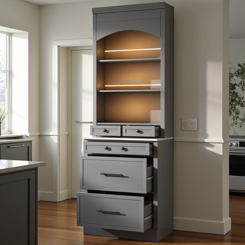 Garde-manger moderne de 83,7 pouces de hauteur, grande huche de cuisine autoportante avec plateau en faux marbre, armoire de présentation avec 5 tiroirs de rangement et tablette réglable, gris