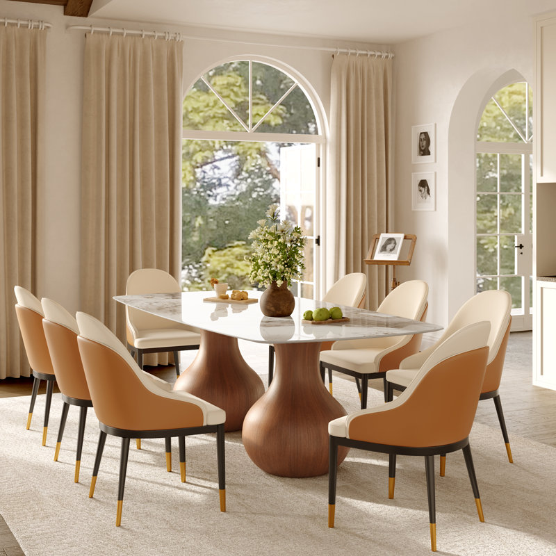 Grande table de salle à manger, 9 pièces : table, 8 chaises, Dessus ambré / base brune / chaises orange