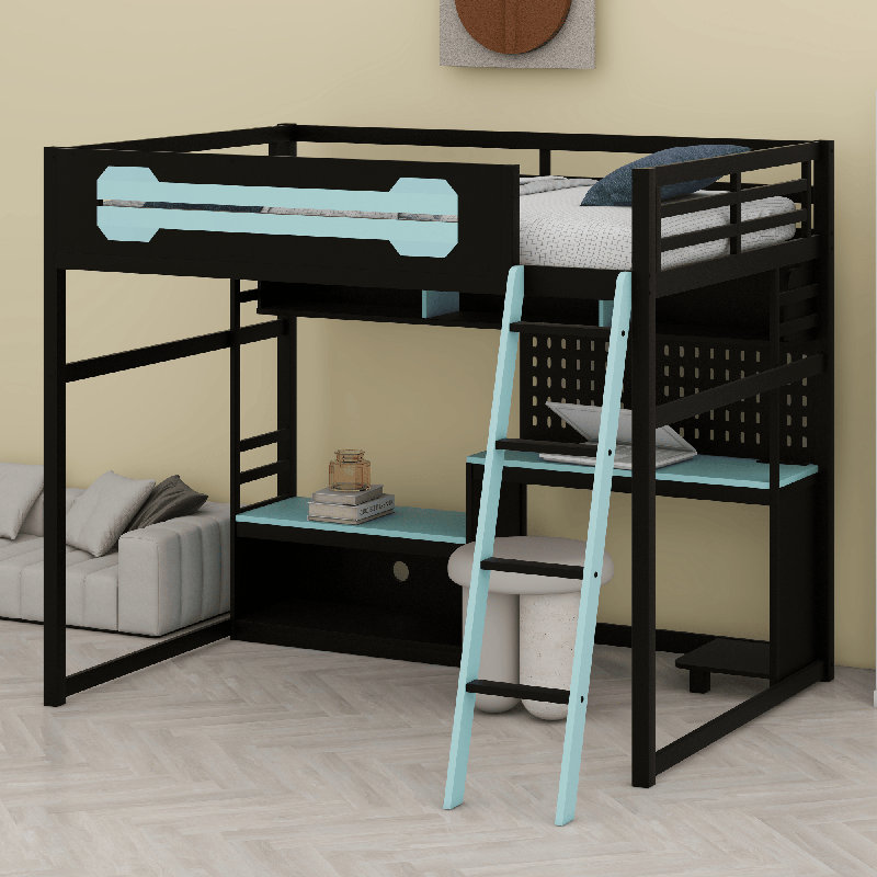 Lit mezzanine en bois avec bureau, Noir / Bleu