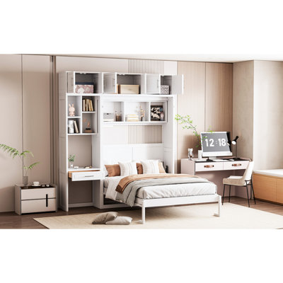 Lit double peu encombrant avec tablettes de rangement et surface de travail confortable