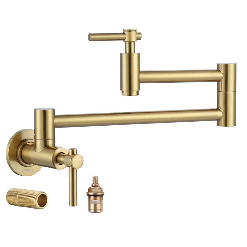 Brass Wall Mounted Two-Handle Pot Filler Kitchen Faucet with Double Joint Swing Arm, Gold