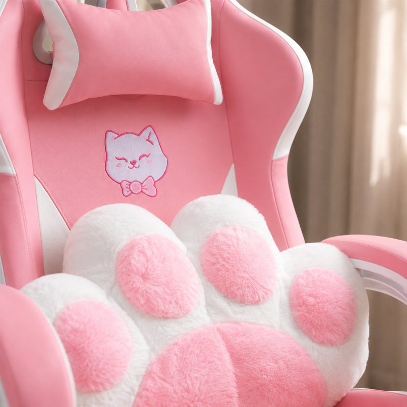 Fauteuil de jeu ergonomique à oreilles de chat rose avec similicuir en polyuréthane amovible Oreilles de chat 3D Paw Coussin lombaire repose-pieds rétractable inclinable de 90 à 155 degrés, pivotant sur 360 degrés, capacité de 310 lb