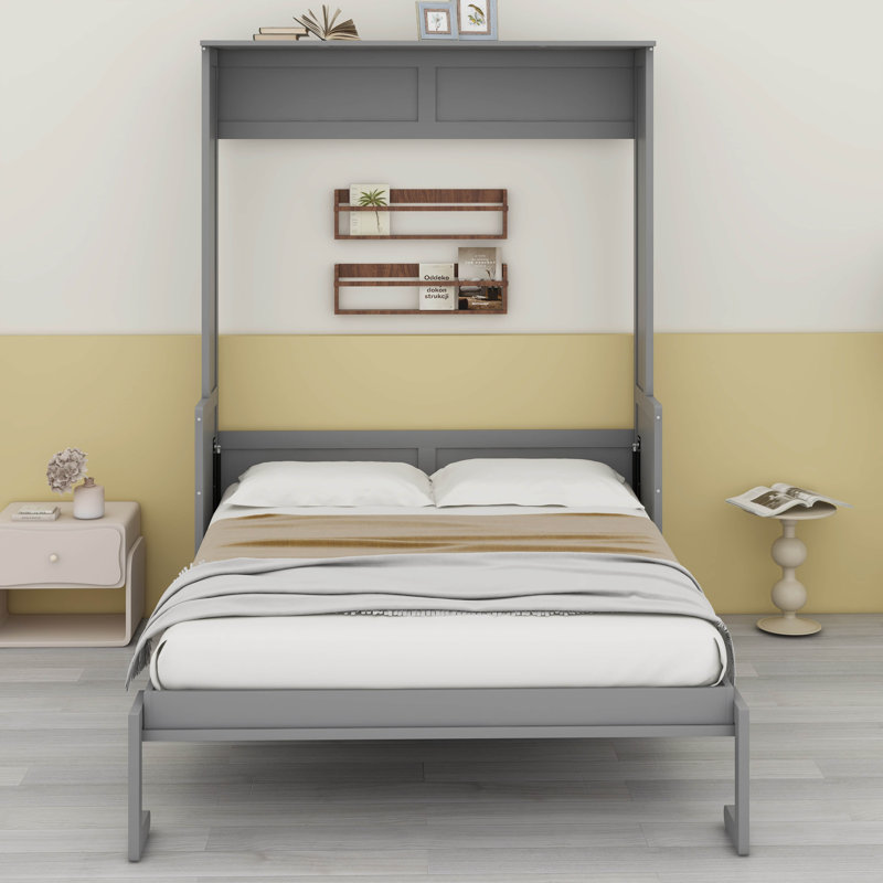 Grand lit escamotable avec bureau, lit escamotable mural avec lumières DEL et ports USB, cadre de lit mural grand, Gris