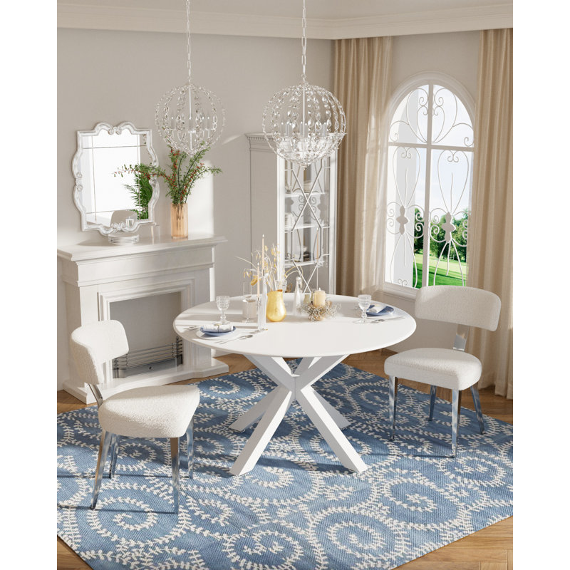 Ensemble de salle à manger à piédestal 3 pièces, table de salle à manger ronde 42 po et chaise Teddy, pieds en métal., Blanc