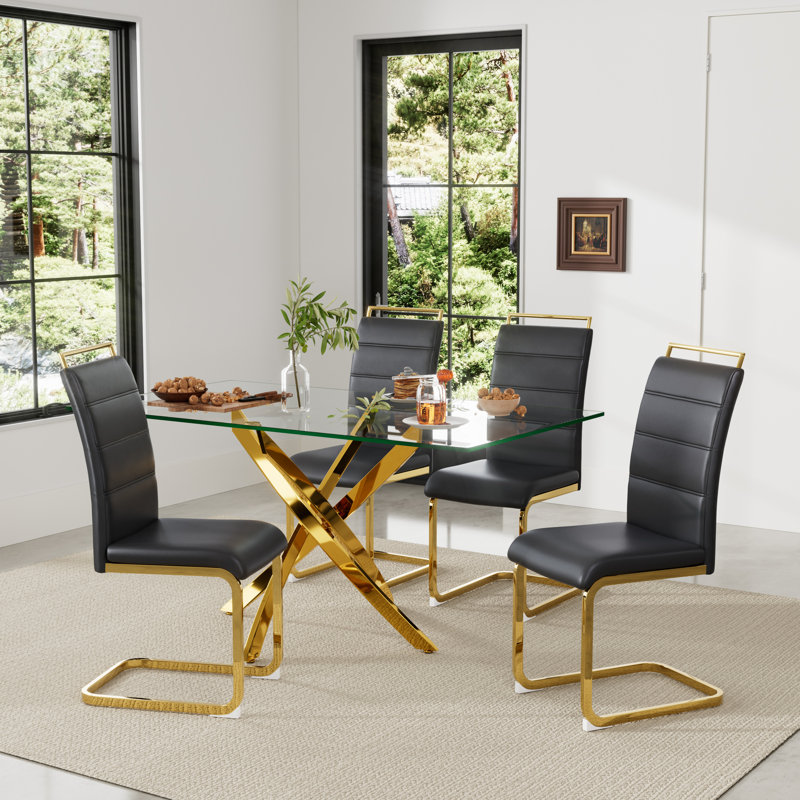 Ensemble de salle à manger 5 pièces, table de salle à manger rectangulaire en verre trempé 63 po et 4 chaises, Noir