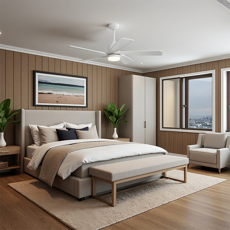  52 in. Integrated LED Indoor Downrod Mount White Solid Wood Blades Standard Ceiling Fan with Dimmable Light, Remote, White
