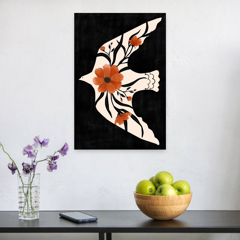 Floral, colombe, vol, oiseau moderne, plante naturelle, impression d'art mural, 24" H x 16" W