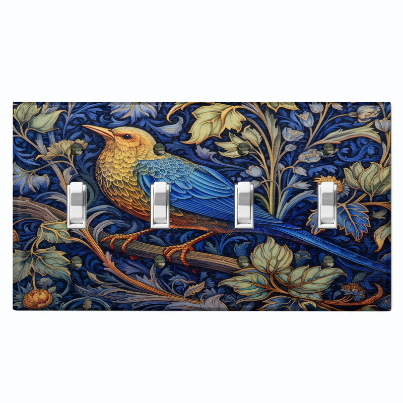 Couvercle de plaque d'interrupteur en métal; Bascule 4 US standard - oiseau floral, # 4 Quad bascule