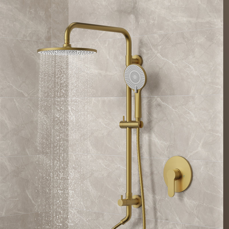 Wall Mount Pressure-Balanced Shower System, 10" Rainfall Shower Head with Slider Bar Handheld Spray, Brushed Gold
