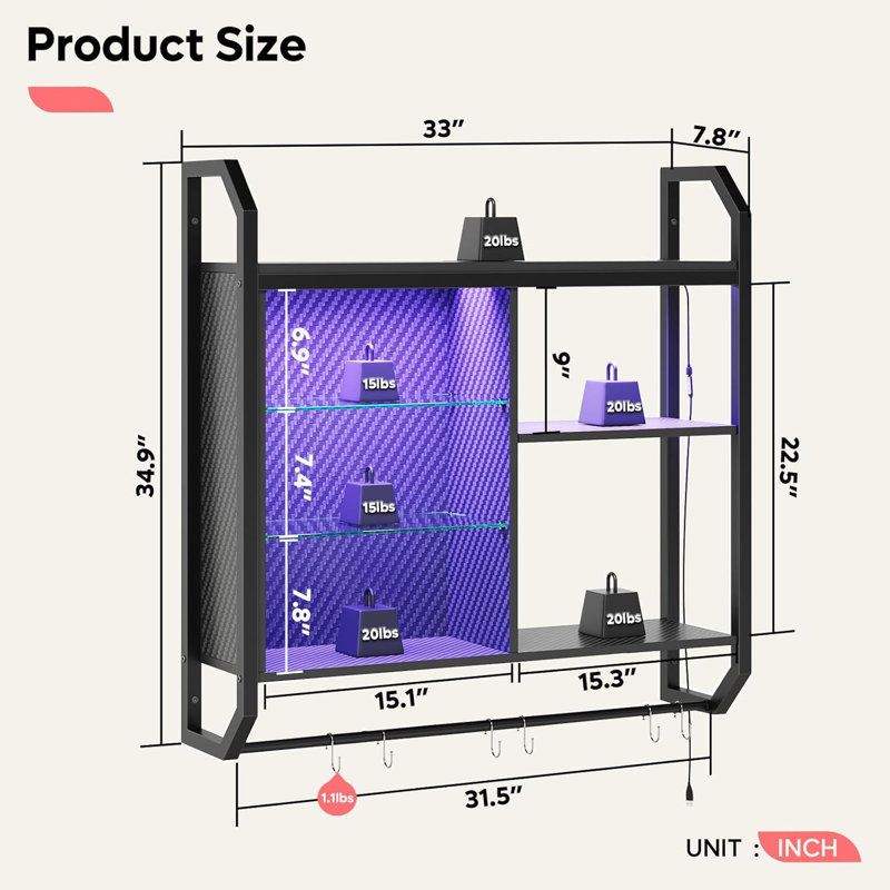 LED Gaming Floating Shelves With Adjustable Glass Shelves, Industrial Wall Mounted Display Rack With USB-Powered Ambient Lights, Durable Pipe Design For Home And Office Decor