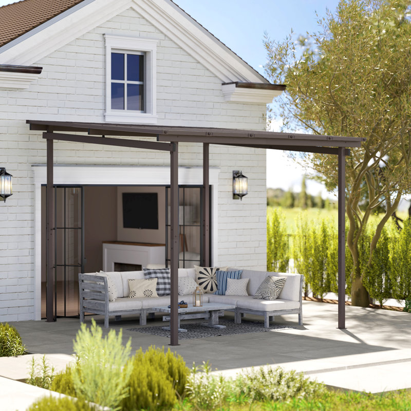 3 X 3m Lean-to Garden Pergola With Waterproof Hard Metal Roof, Snow & Wind Resistant, Powder Coated Frame, Ground Stakes & Screws Included, Outdoor Hardtop Gazebo, Brown