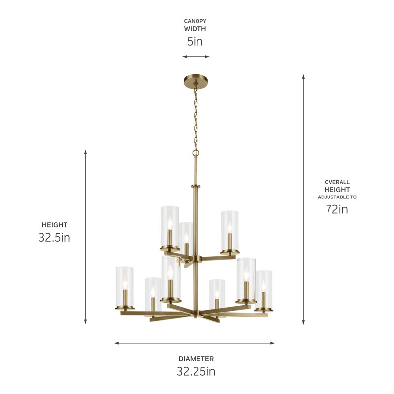 Lustre 9 lumières 32,5 "à 2 niveaux, Laiton