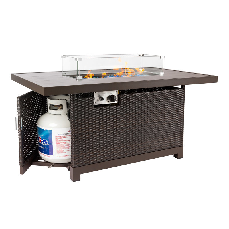 52" L x 32" W Handwoven Rattan Outdoor Propane Gas Fire Pit Table with Lid