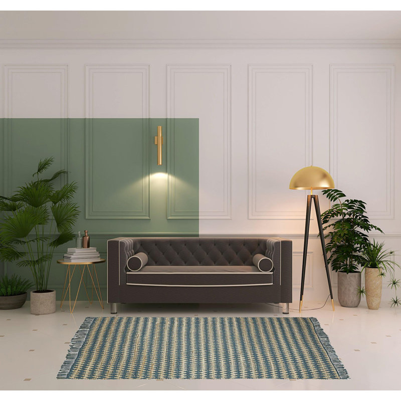 Tapis à chevrons Bolitho tissé à plat à la main en bleu / beige, Rectangle de 5 pi x 8 pi
