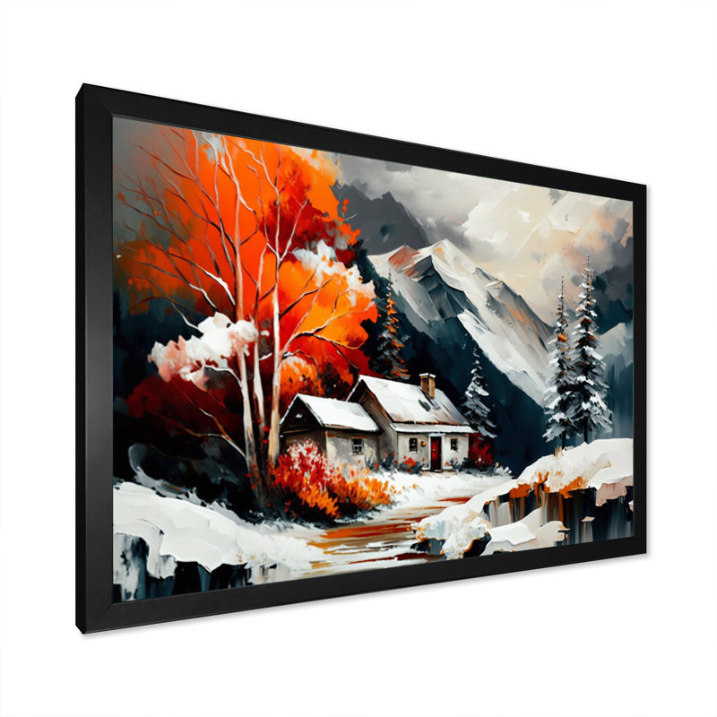 Monochère orange chalet en hiver III - paysage, art mural sur toile, H 12 po x l 20 po x P 1 po, Cadre noir