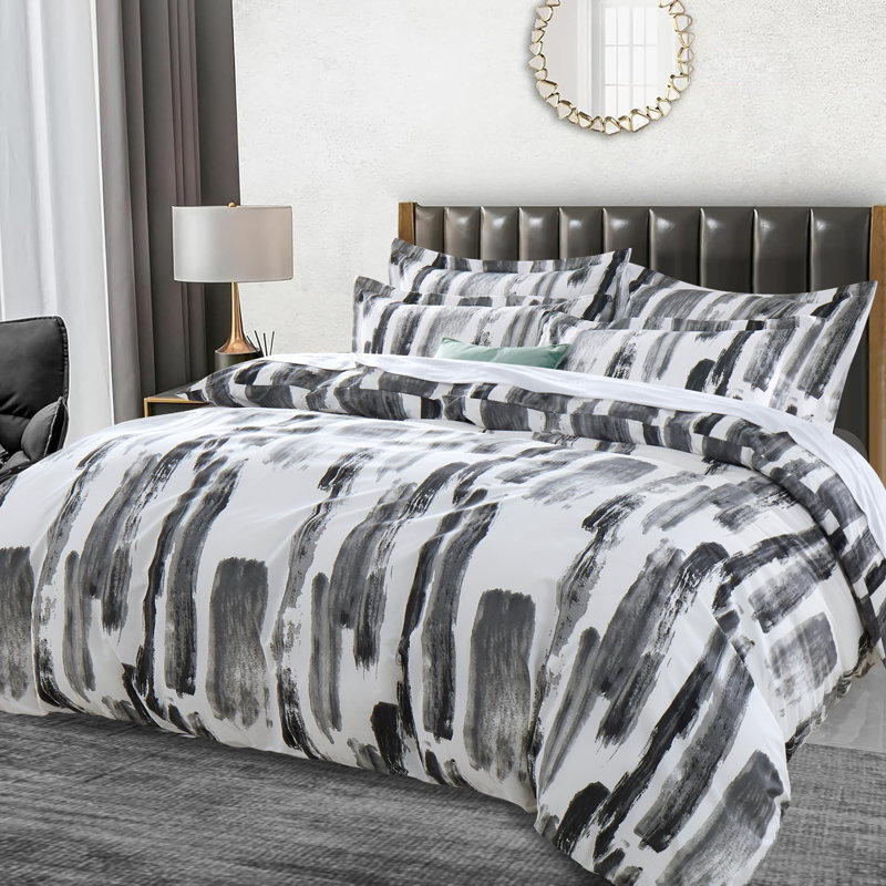 250TC Brushed Microfiber Duvet Cover Set with Pillowcases (3 in 1), Grey/White Striped