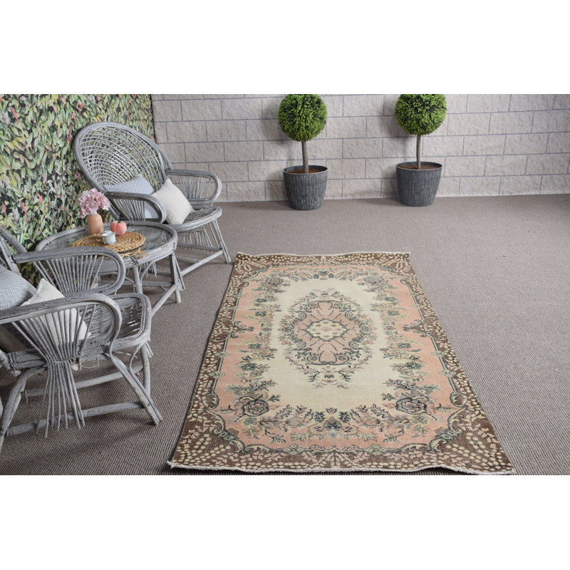 Tapis rétro en laine beige idéal pour le salon, la cuisine et la décoration générale - Style turc Oushak