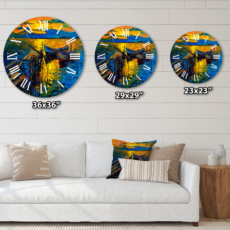 Bateau pendant la soirée, lueur au lac II - horloge murale nautique et côtière, Moyenne