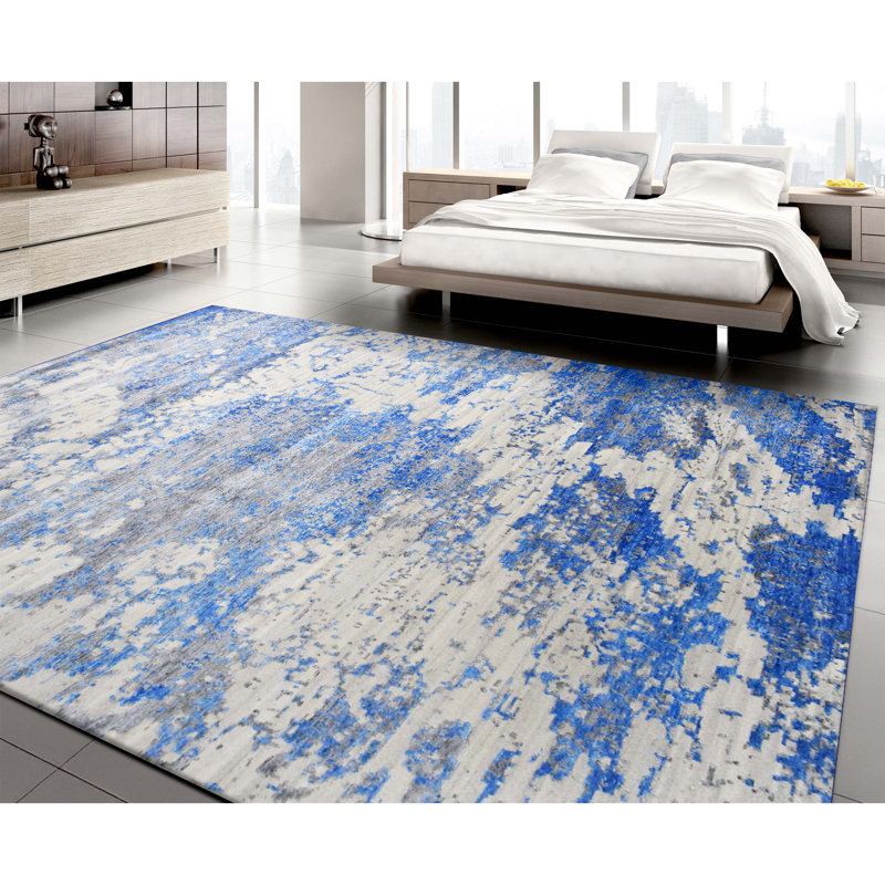 Tapis rectangulaire en laine / viscose tissé à la main en bleu / blanc / gris, Rectangle 8 pi x 10 pi