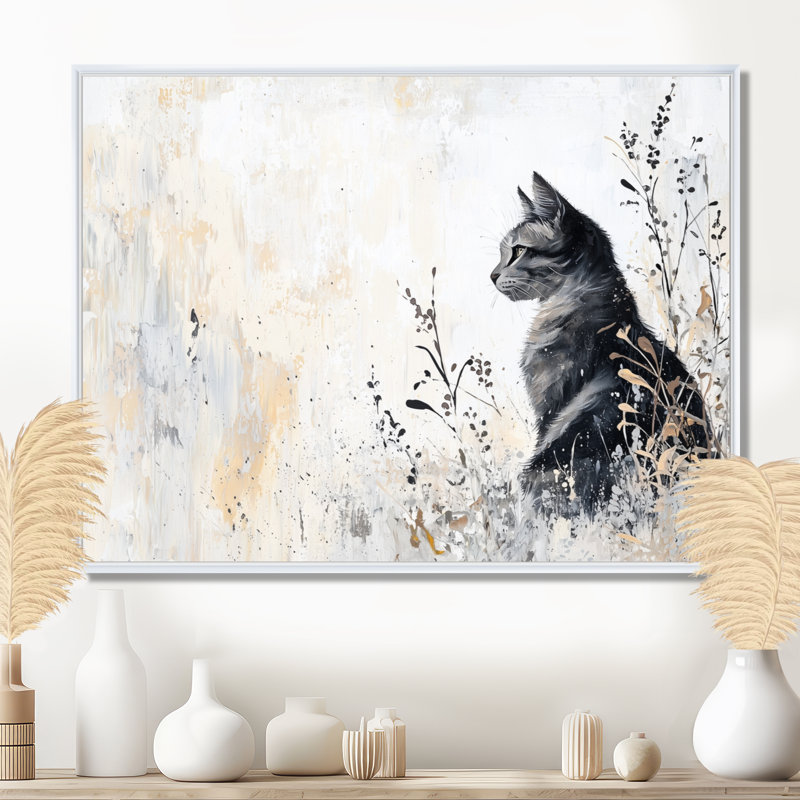 Minimal Meadow Cat - Cat Canvas Print, 12" H x 20" W, Floater Framed Print, White