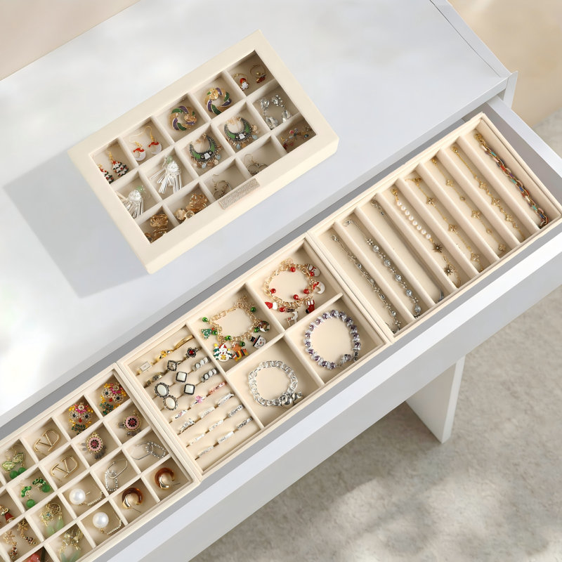Plateaux à bijoux empilables, organisateur de bijoux à tiroir en velours avec couvercle en verre, rangement multifonctionnel à bijoux 5 en 1 (beige)