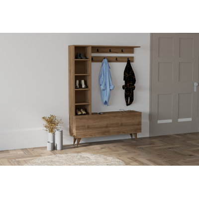 Jeffenese Modern Hall Stand with Walnut Finish, 47.2 x 63.7 x 12.6 inches | 100% Melamine Coated Particle Board, Thickness: 0.7 inches | Stylish & Functional Design, Perfect for Entryways & Hallways, Durable & Easy to Clean, Elegant Storage Solution
