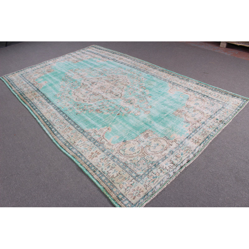 Grand tapis turc vintage en laine Oushak beige délavé, parfait pour la salle à manger