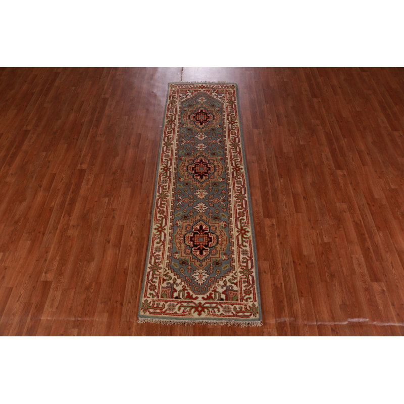 Tapis de couloir oriental bleu clair en laine 3x8