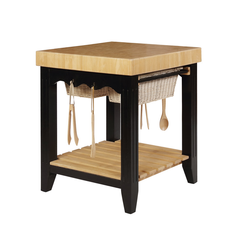 Behling Solid Butcher Block Kitchen Island with Baskets and Storage Shelf, Black