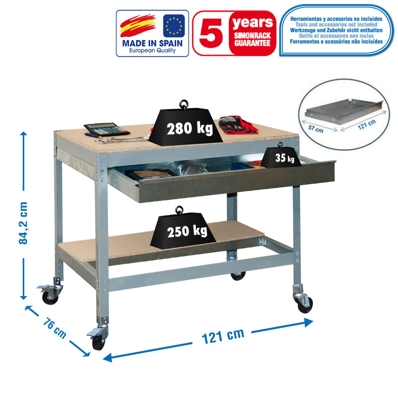 Wood Top Workbench with Wheels, 91.7cm H x 121cm W x 76cm D