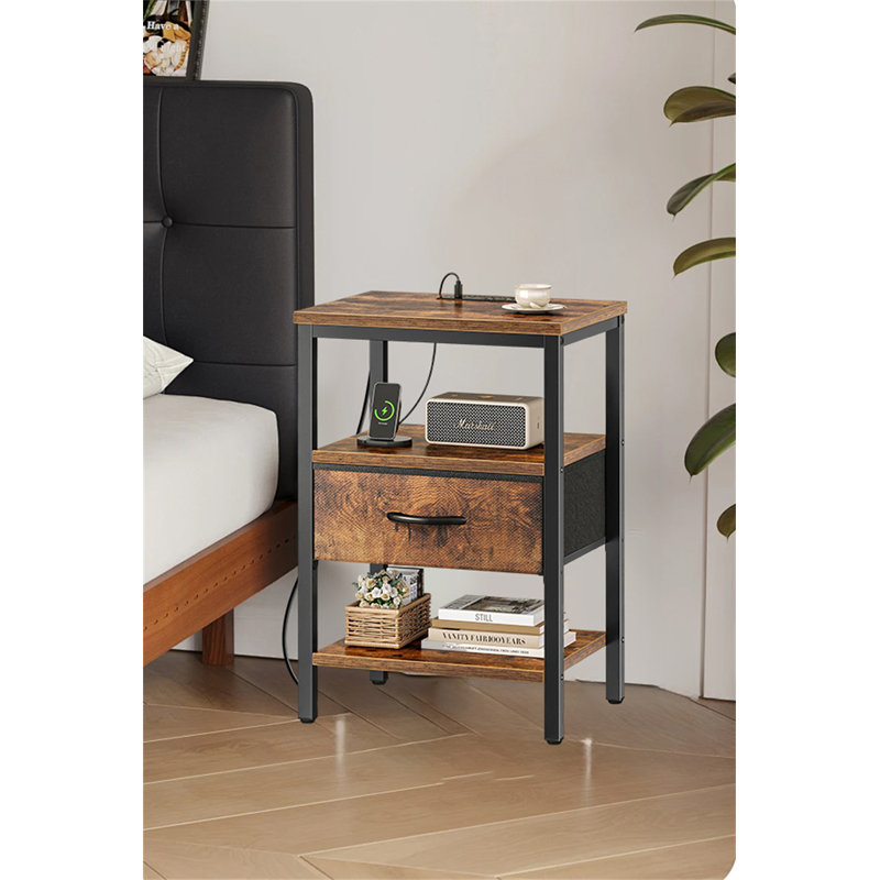 Multi-Functional Bedside Table With Charging Station & Adjustable Fabric Drawer, Rustic Brown/Black