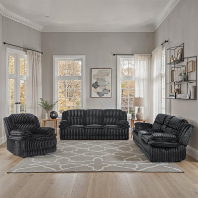 Deana Modern & Contemporary Manual Reclining 3-Piece Living Room Set with Plush Corduroy Fabric Upholstery, Tab Pull Motion & Superior Foam over Pocket Coils Comfort
